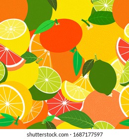 Patrón tropical sin fisuras con limones, limas, naranjas, mandarinas y pomelo. Fondo de la fruta vectorial o papel tapiz.