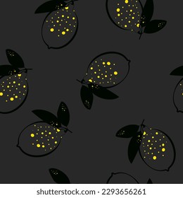 Tropical seamless pattern with lemons on a dark background. Fruit repeats the background. Vector bright print for fabric or wallpaper.