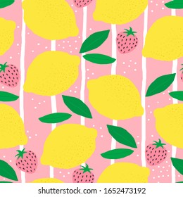 Tropical seamless pattern with lemons, strawberries, leaves. Fruit repeated background. Lemon berry tea or juice. Striped background. Vector illustration.