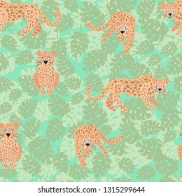Tropical seamless pattern with leopard and exotic leave. Vector illustration
