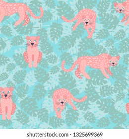 Tropical seamless pattern with leopard and exotic leave. Vector illustration