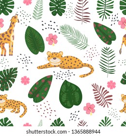 Tropical Seamless pattern with leopard, giraffe, palm leaves