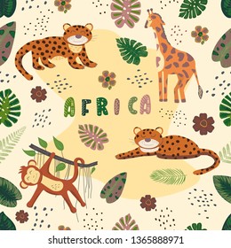 Tropical Seamless pattern with leopard, giraffe, palm leaves