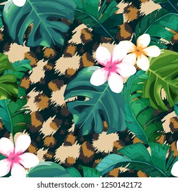 Tropical seamless pattern. Leopard print. Animal background. Vector illustration