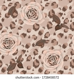 Tropical seamless pattern. Leopard print with vintage roses. Animal background. Vector illustration