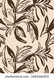 Tropisch Nahtloses Muster mit linearen tropischen Blättern. Linie Kunst botanischen Hintergrund. Handgezeichnete Vektorgrafik.Botanische Bambuspalme nahtloses Muster mit üppigen Dschungelblättern, organischen Zweigen, 
