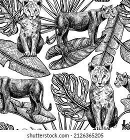 Tropical seamless pattern with lioness and lion cub. Vintage animals and leaves in engraving style. Hand drawn repeat texture for fabric, wallpaper, textile, print, wrapping paper. Vector illustration