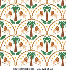 Tropical seamless pattern with lions and palm trees. Exotic hand drawn print. Vector.