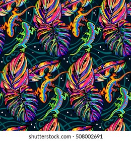 Tropical Seamless pattern with lizards and amulticolor leaves