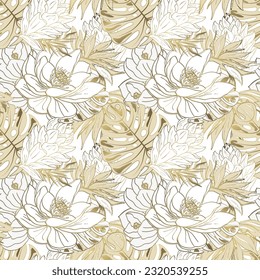 Tropical seamless pattern of lotuses and exotic plants. Golden outlines of flowers on white background. Seamless plant pattern for wallpaper, paper and backgrounds.