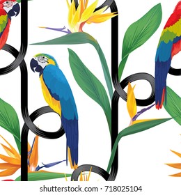 Tropical seamless pattern with macaw birds and bird of paradise flowers and leaves on white background. Vector set of exotic tropical garden for wedding invitations, greeting card and fashion design. 