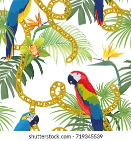 Tropical seamless pattern of macaw birds with bird of paradise flowers and chain on white background. Vector set of exotic tropical garden for wedding invitations, greeting card and fashion design. 