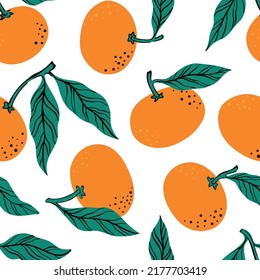 Tropical seamless pattern with mandarine and leaves. Hand drawn orange tangerine pattern on white background. for fabric, drawing labels, print, wallpaper of children's room, fruit background