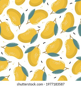 Tropical seamless pattern with mangos on white background. Hand drawn vector illustration. Summer endless texture for wrapping, textile, fabric design.