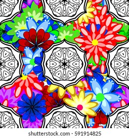 Tropical seamless pattern with many abstract flowers. Varicolored vector seamless illustration.