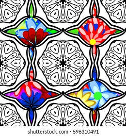 Tropical seamless pattern with many abstract flowers. Varicolored vector seamless illustration.