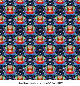 Tropical seamless pattern with many abstract flowers. Varicolored vector seamless illustration.