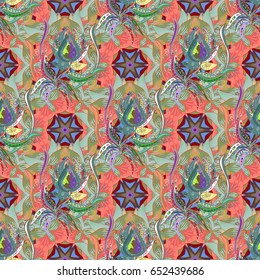 Tropical seamless pattern with many abstract flowers. Varicolored vector seamless illustration.