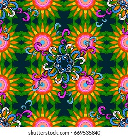 Tropical seamless pattern with many abstract flowers. Varicolored vector seamless illustration.