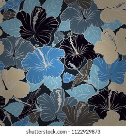 Tropical seamless pattern with many beige, blue and black hibiscus flowers. Beige, blue and black vector seamless pattern. Vector illustration.