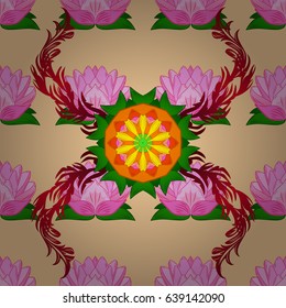 Tropical seamless pattern with many beige and pink abstract flowers. Varicolored vector seamless illustration.