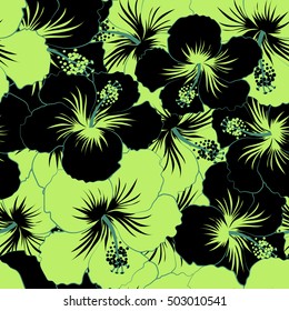 Tropical seamless pattern with many black and green hibiscus flowers. Black and green vector seamless pattern.