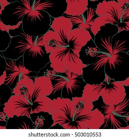 Tropical seamless pattern with many black and red hibiscus flowers. Black and red vector seamless pattern.