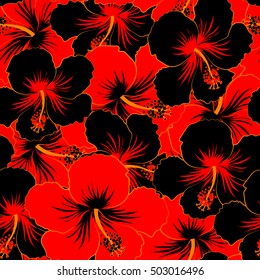 Tropical seamless pattern with many black and red hibiscus flowers. Black and red vector seamless pattern.