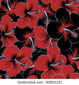 Tropical seamless pattern with many black and red hibiscus flowers. Black and red vector seamless pattern.
