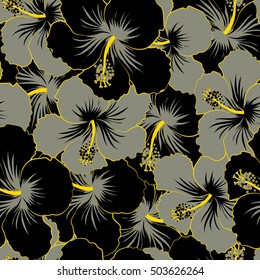 Tropical seamless pattern with many black and gray hibiscus flowers.