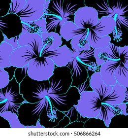 Tropical seamless pattern with many black and violet hibiscus flowers. Black and violet vector seamless pattern.
