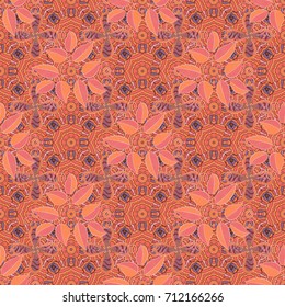 Tropical seamless pattern with many black, pink and orange abstract flowers. Varicolored vector seamless illustration.