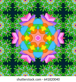 Tropical seamless pattern with many blue and pink abstract flowers. Varicolored vector seamless illustration.