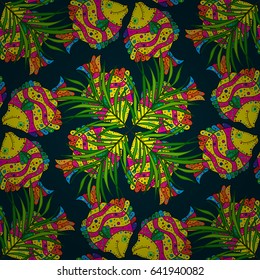 Tropical seamless pattern with many blue abstract fishes. Varicolored vector seamless illustration.