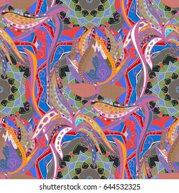 Tropical seamless pattern with many blue abstract flowers. Varicolored vector seamless illustration.