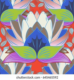 Tropical seamless pattern with many blue abstract flowers. Varicolored vector seamless illustration.