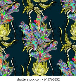Tropical seamless pattern with many blue abstract flowers. Varicolored vector seamless illustration.