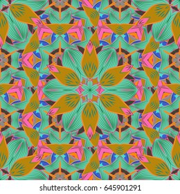 Tropical seamless pattern with many blue abstract flowers. Varicolored vector seamless illustration.