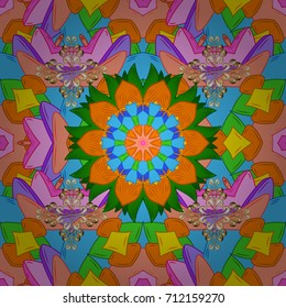Tropical seamless pattern with many blue, green and orange abstract flowers. Varicolored vector seamless illustration.
