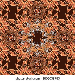 Tropisches, nahtloses Muster mit vielen braunen, orangen und beigen abstrakten Blumen. Cute Blumenmuster in der kleinen Blume. Varicolobrown, orange und beige Vektorgrafik nahtlos.