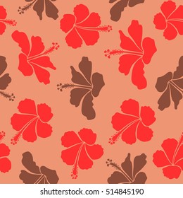 Tropical seamless pattern with many brown, red and orange hibiscus flowers. Brown, red and orange vector seamless pattern. Vector illustration.