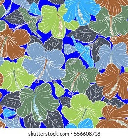 Tropical seamless pattern with many brown, blue and green hibiscus flowers. Brown, blue and green vector seamless pattern. Vector illustration.