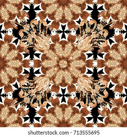 Tropical seamless pattern with many brown, beige and black abstract flowers. Varicolored vector seamless illustration.