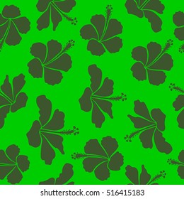 Tropical seamless pattern with many green hibiscus flowers. Green vector seamless pattern. Vector illustration.