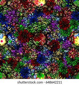 Tropical seamless pattern with many green abstract flowers. Varicolored vector seamless illustration.