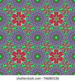 Tropical seamless pattern with many green, purple and orange abstract flowers. Cute Floral pattern in the small flower. Varicologreen, purple and orange vector seamless illustration.