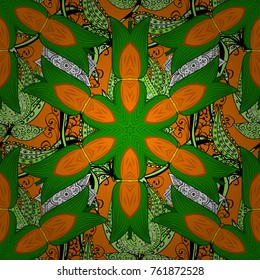 Tropical seamless pattern with many green, orange and black abstract flowers. Cute Floral pattern in the small flower. Varicologreen, orange and black vector seamless illustration.