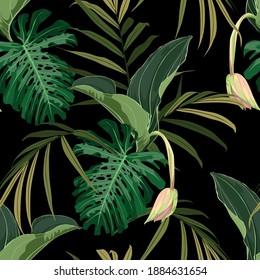 Tropisches, nahtloses Muster mit vielen exotischen Palmblättern und Medinilla-Blumen auf schwarzem Hintergrund.
