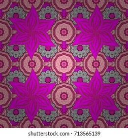 Tropical seamless pattern with many magenta, neutral and pink abstract flowers. Varicolored vector seamless illustration.