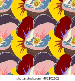 Tropical seamless pattern with many motley abstract flowers. Varicolored vector seamless illustration.